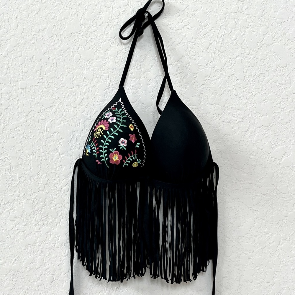 Cacelin Swimwear Triangle Top Embroidered with Fringe Detail - Size Large